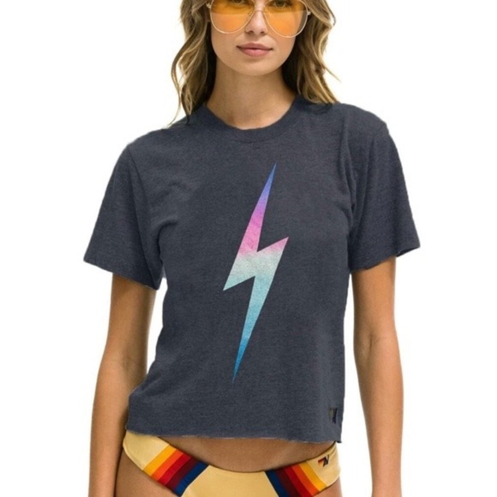 Aviator Nation Charcoal Grey Rainbow Lightning Bolt Crop Graphic Tee Size M